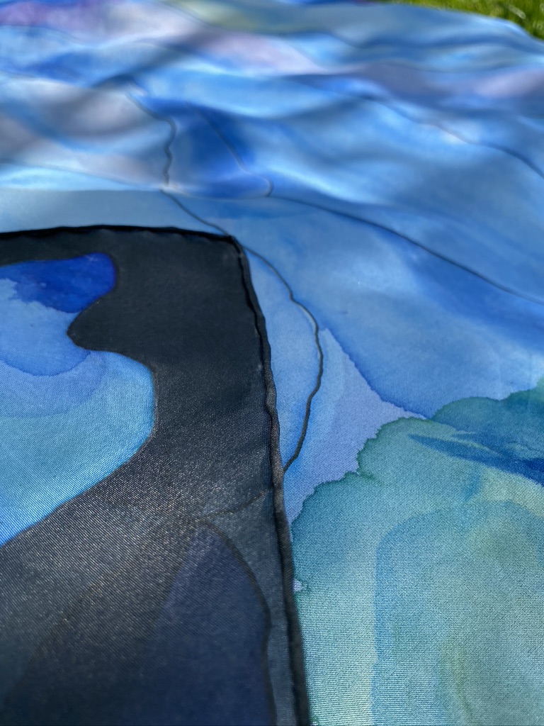 hand painted silk scarf created using only natural materials in a carbon neutral studio