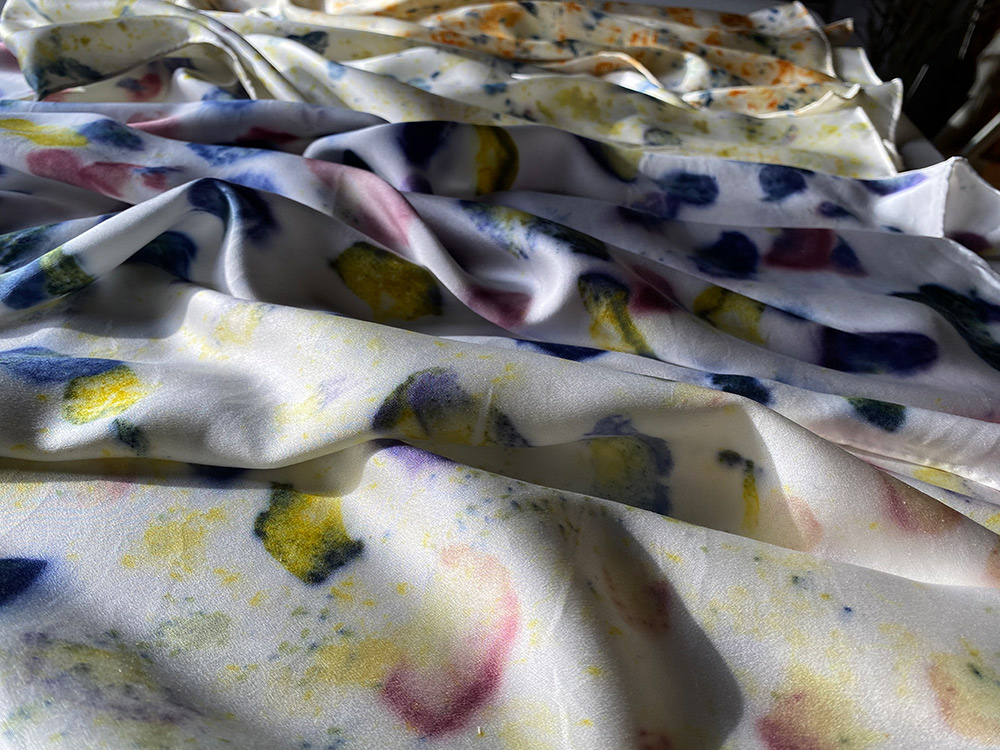 eco printed pure silk scarves from artist studio