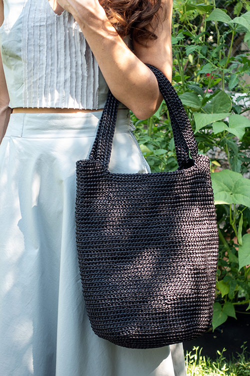 Handmade Crochet Bag in Swan Black 100% Polyester Drawstring With Bamboo  Handles. 